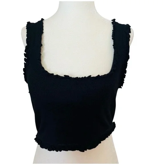 ZARA Black Ribbed Large‎ Square Neck Ruffle Trim Crop Tank Top Women's - Picture 3 of 6